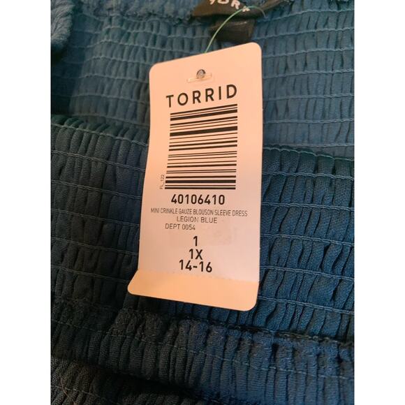 Torrid Dress Size 1X 14-16 Dark Blue Chambray Long Sleeve Smoked Peasant - Picture 3 of 10